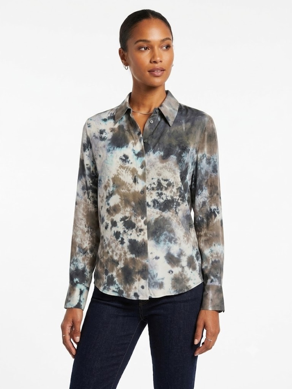 Tie-Dye Long Sleeve Button-Down Shirt in Blue, Gray & Brown